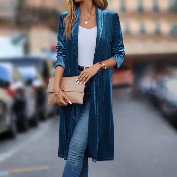 Blue Casual Womens Shawl Collar Open Front Velvet Coat - Picture 1 of 5